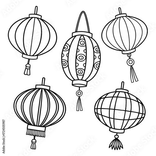 A collection of five hand drawn black and white outline illustrations of traditional asian lanterns each with unique decorative elements and tassels isolated on a white background