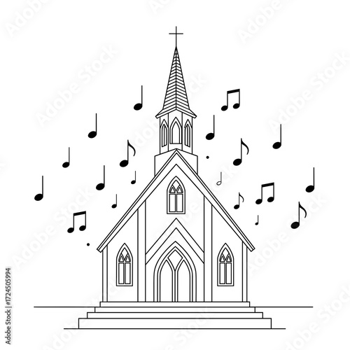A black and white sketch features quaint church, complete with steeple cross, seemingly surrounded by floating music notes, creating sense of spiritual harmony. Gospel concept.