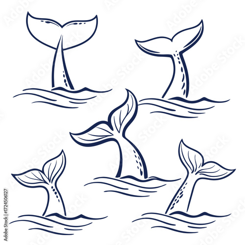 A collection of five stylized whale tails emerging from wavy blue ocean water in a simple clean line art illustration style on a white background