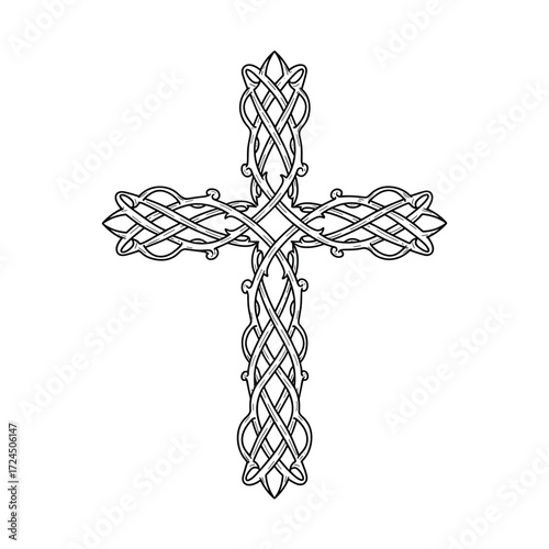 An elegant, black-and-white drawing shows a Christian cross crafted with interwoven, flowing lines in Celtic knot pattern, set against plain background. Gospel concept.