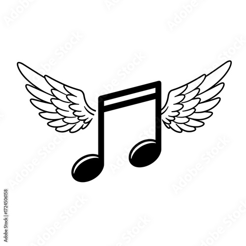 A black musical note appears to fly with two wings extending from its sides on stark white backdrop, symbolizing the liberation and freedom found within music. Gospel concept.