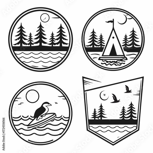 A collection of four circular and shield shaped black and white line art emblems depicting outdoor nature scenes with trees water and celestial bodies
