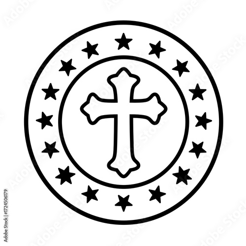 Within a circular border adorned with evenly spaced stars, stylized Christian cross stands prominently at the center of design. Gospel concept.