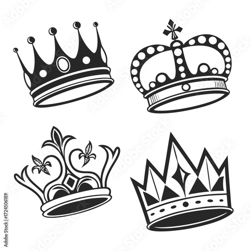 A collection of four distinct black and white crown illustrations representing royalty power and luxury in a clean graphic style
