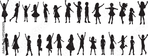 Diverse silhouettes of children in playful poses celebrating together joyful moments