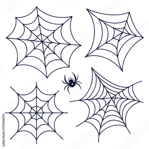 A collection of four stylized dark blue spiderwebs with a single spider illustration on a white background perfect for halloween decorations and spooky designs