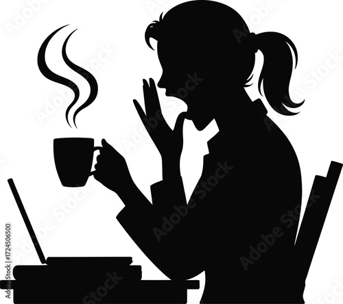 Elegant black and white woman yawning silhouette in a minimalist style