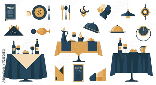 Elegant restaurant scene with table settings, menu, and dishes, perfect for showcasing dining experiences or promoting culinary events with style and grace