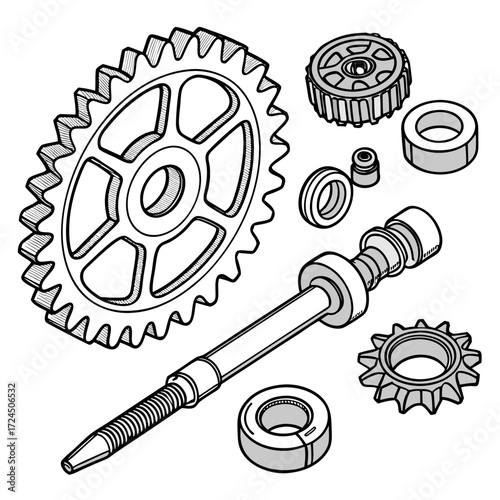 A collection of mechanical components including gears a camshaft and various rings and bearings presented in a clean isometric line art illustration style on a white background