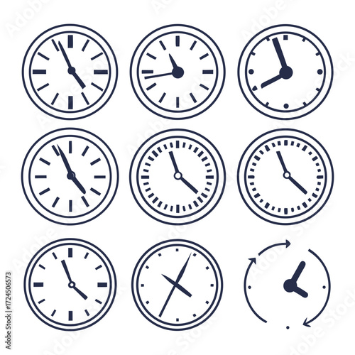 A collection of nine minimalist outline clock icons displaying different times and a circular arrow indicating the passage of time