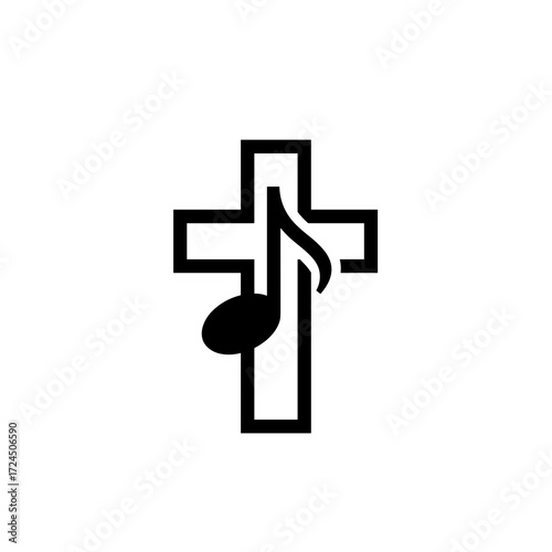 A black line art illustration presents Christian cross with musical note intertwined, symbolizing sacred music and reflecting harmonic convergence of faith sound. Gospel concept.