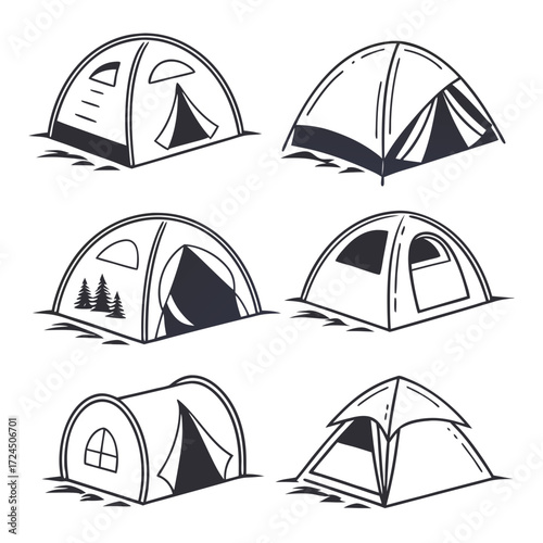 A collection of six hand drawn outline icons representing different styles of camping tents set against a white background