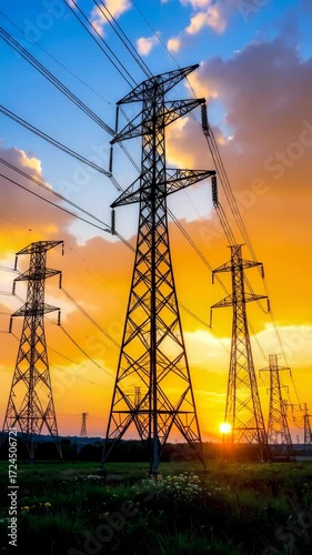 High voltage power lines extend across a field at sunset, symbolizing energy infrastructure and electricity distribution.