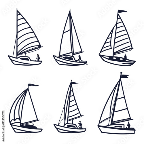 A collection of six simple stylized line art illustrations of sailboats with dark blue outlines on a white background depicting various sail shapes and configurations