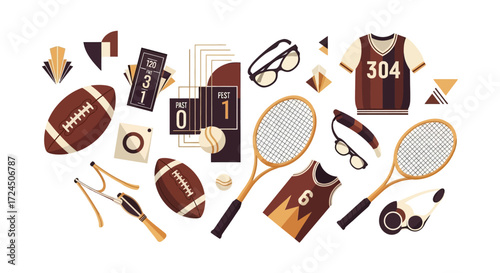 Vintage sports equipment collection featuring footballs, tennis rackets, and retro team jerseys for athletic brand design and nostalgic marketing campaigns