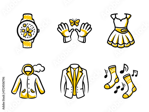 Collection of fashion accessories and clothing items in a doodle art style