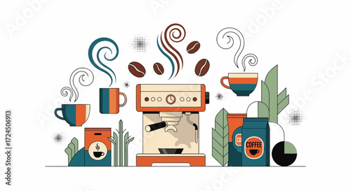 Modern coffee break scene featuring espresso machine, steaming cups, and fresh coffee beans, perfect for cafe promotions and morning routine inspiration