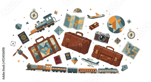 Vintage travel adventure awaits with classic suitcases, maps, compass, camera, and train travel icons perfect for wanderlust and exploration themes