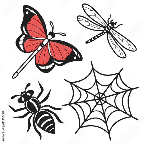 A collection of stylized insect illustrations including a red butterfly a black and white dragonfly a black spider and a black spider web on a white background perfect for design elements