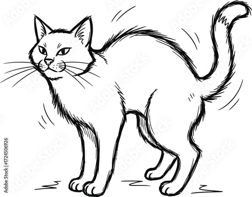 Sketch of an arched back cat with tail up and whiskers out on a white background in black and white style