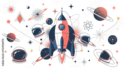 Embark on a cosmic adventure with this stellar rocket and astronaut illustration, perfect for inspiring dreams and adding a touch of space to any project