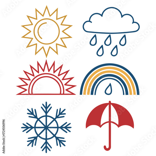 A collection of stylized weather icons including a sun rain cloud rainbow snowflake and umbrella against a white background representing different meteorological conditions