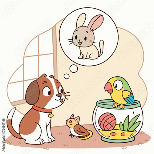 A cute cartoon dog sits on a rug thinking about a rabbit while a small bird and a parrot in a fishbowl look on