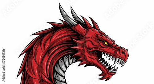 Menacing red dragon head with sharp teeth and horns, a powerful fantasy creature design perfect for gaming, branding, and mythical themes