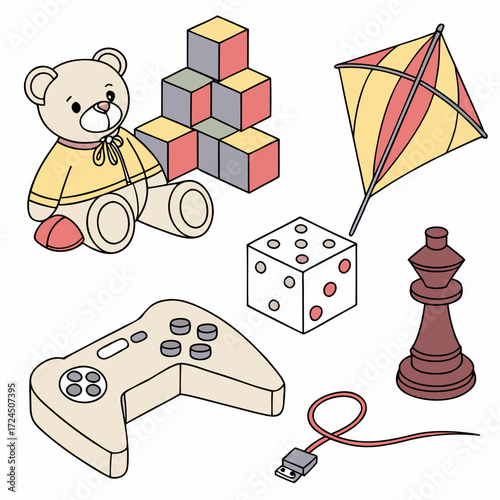 A delightful collection of isometric toys and games including a teddy bear building blocks a kite dice a chess piece and a video game controller with a usb cable