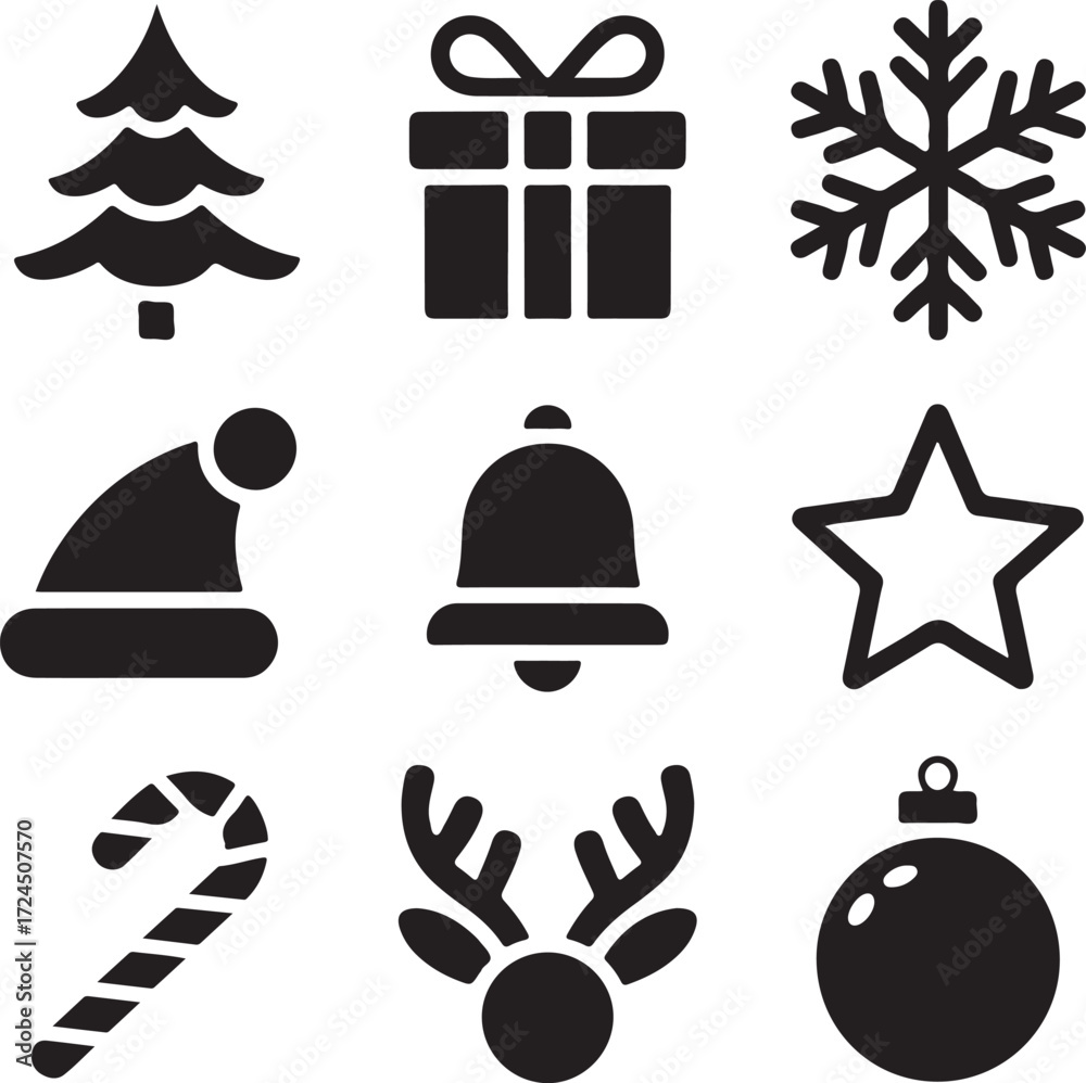 Fototapeta premium Festive christmas icons collection tree gift snowflake hat bell star candy cane reindeer ornament