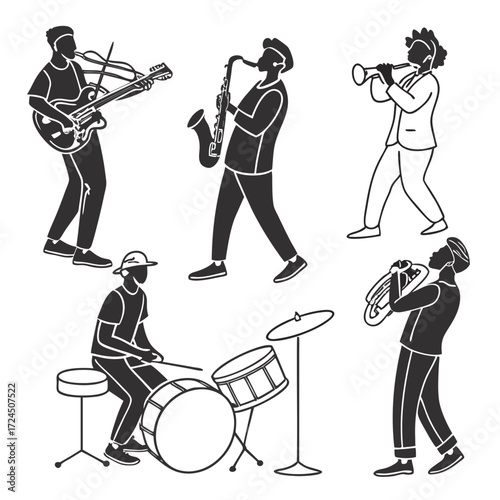 A diverse group of musicians playing various instruments together in a stylized silhouette illustration
