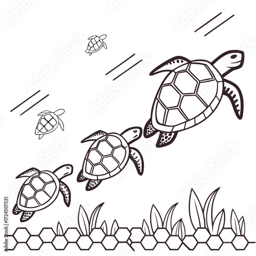 A family of sea turtles swims together in the ocean with their young following behind them near the seabed with plants and a honeycomb pattern border