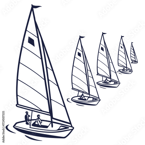 A fleet of sailboats with dark blue outlines on a white background depicting a sailing race with multiple boats in motion across the water