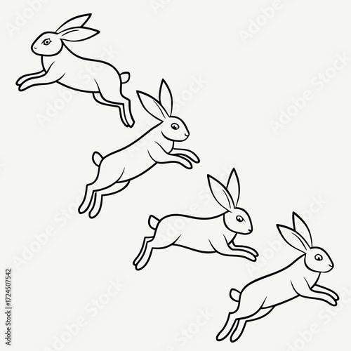 A dynamic illustration featuring four stylized black line art rabbits in mid leap arranged diagonally across a plain background conveying a sense of movement and energy