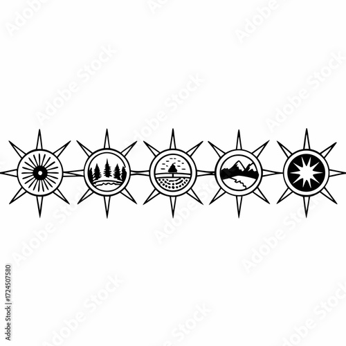 A line of five stylized compass rose icons each with a unique landscape or pattern inside its circular face representing diverse natural environments and abstract designs