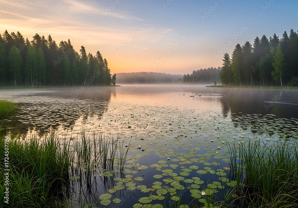 Fototapeta premium Serene morning mist envelopes a tranquil lake surrounded by lush coniferous forest at dawn
