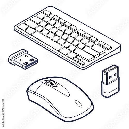 A minimalist isometric line art illustration of a wireless computer keyboard mouse and two usb dongles on a white background representing modern technology and connectivity