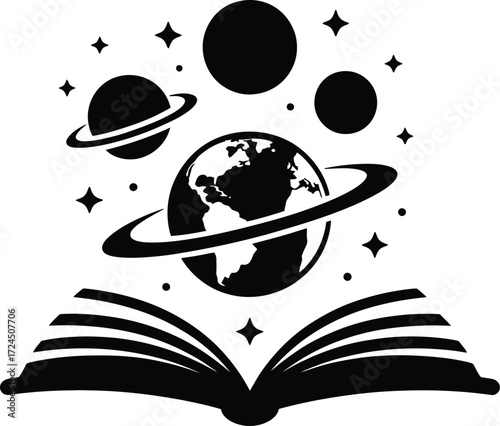 Open book radiating cosmic knowledge and celestial elements silhouette