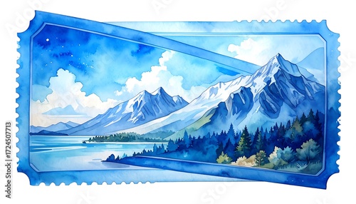 Watercolor mountain landscape on a ticket-like frame