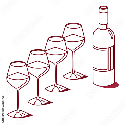 A minimalist line art illustration of a bottle of red wine and four wine glasses arranged in a row on a white background with a subtle shadow