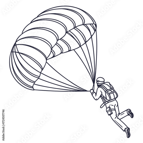 A minimalist line art illustration of a skydiver in mid air descending with a deployed parachute captured against a clean white background symbolizing adventure and freedom