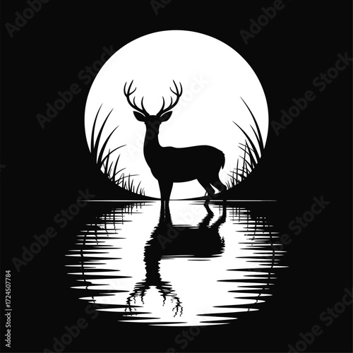 Majestic deer silhouette under a luminous moon reflected in calm water at night silhouette