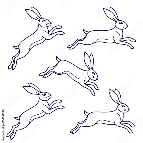 A playful collection of five stylized line art rabbits leaping and running across a clean white background in a dynamic composition