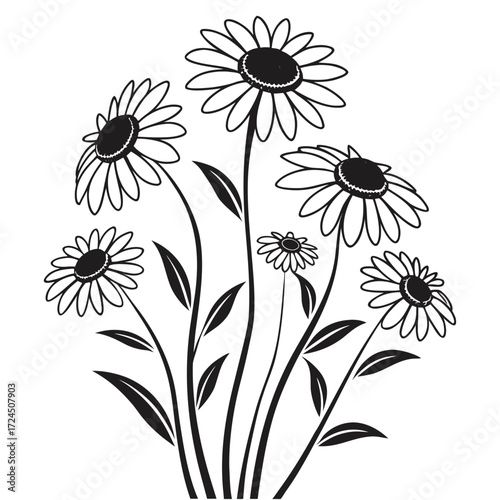 A simple black and white illustration of a cluster of daisies with delicate petals and dark centers set against a clean white background evoking a sense of nature and simplicity