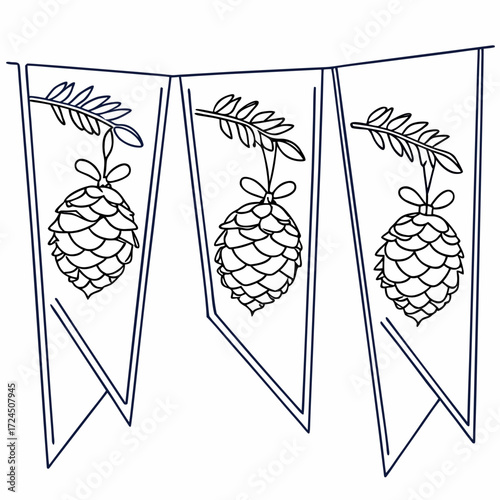 A simple line drawing of a festive banner with three triangular flags each adorned with a pine cone hanging from a pine branch with a ribbon bow perfect for winter holidays or rustic celebrations