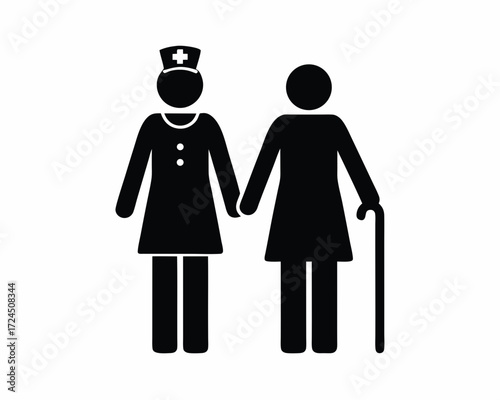 Nurse helping patient icon  silhouette illustration isolated on white background