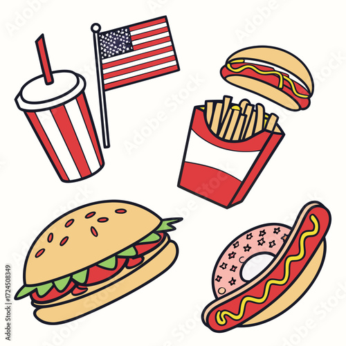 A vibrant collection of american fast food icons including a hamburger hot dog french fries a soda cup and a small american flag on a white background