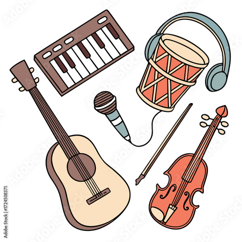 A vibrant collection of musical instruments including a guitar violin keyboard drum microphone and headphones all depicted in a charming hand drawn style on a white background