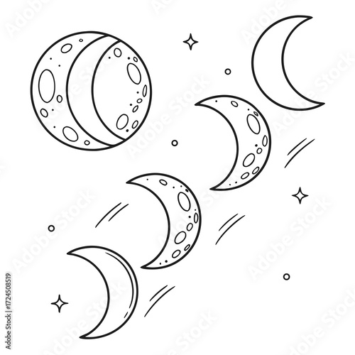 A whimsical black and white illustration depicting the phases of the moon and stars against a clean white background perfect for celestial themes