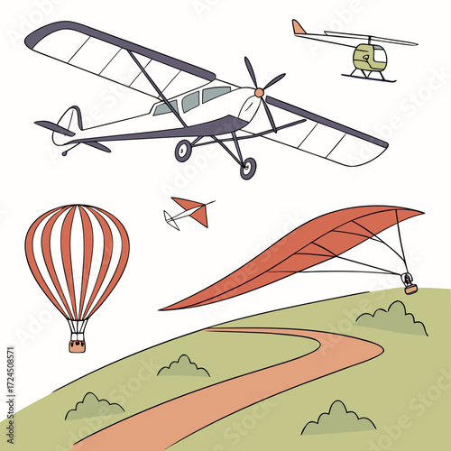 A whimsical collection of airborne vehicles including a biplane helicopter hot air balloon hang glider and a small model airplane against a white background with a scenic landscape